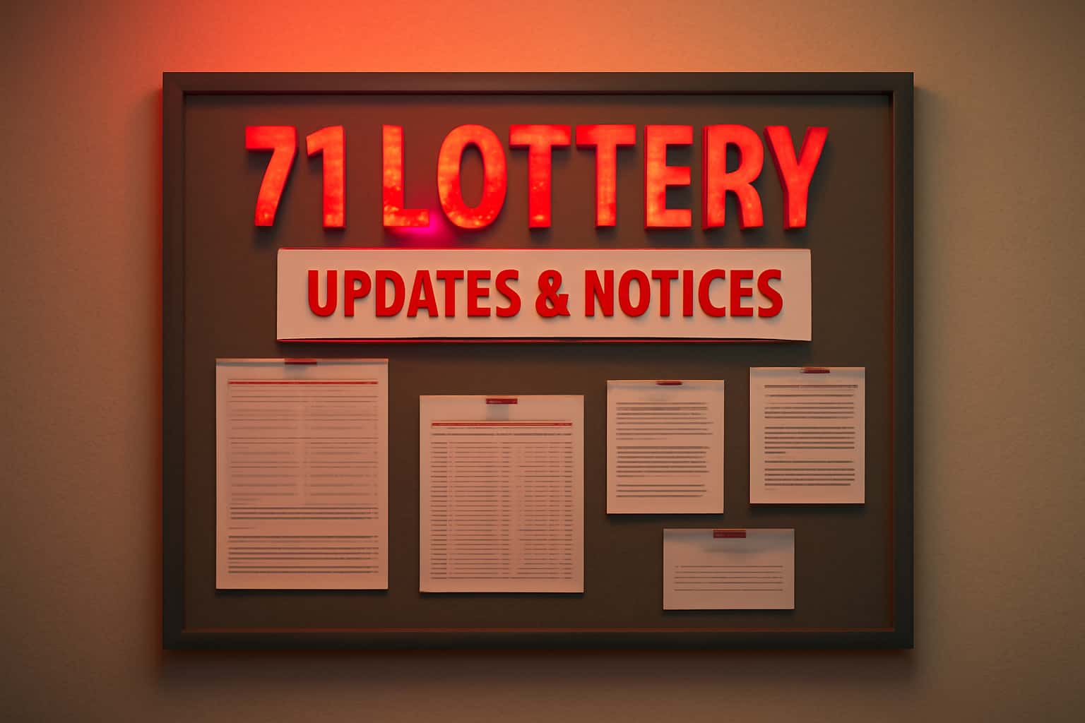An informational scene showcasing updates and notices related to the 71 Lottery platform.